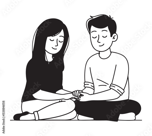  A vector illustration of a silhouette couple sitting cross-legged and holding hands, both with their eyes closed in a peaceful.