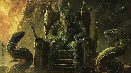 Majestic creature seated on a throne, surrounded by mythical reptiles.