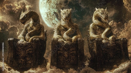 Three mythical serpent-like creatures on stone thrones in a cosmic scene.
