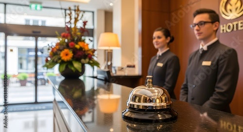Sophisticated Welcome: Hotel Staff Poised to Assist Guests, Creating an Inviting First Impression, Professionalism and Classic Hotel Elegance. 