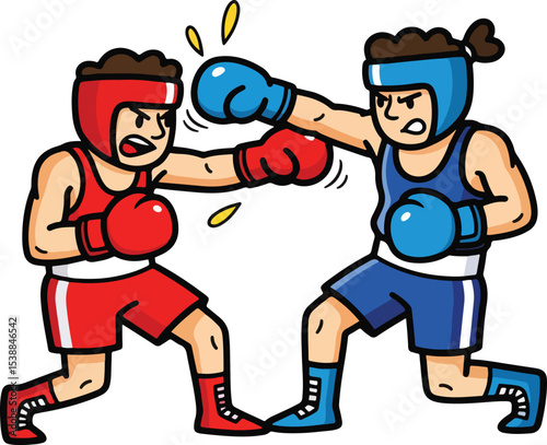 A dynamic vector illustration of two boxers in a boxing match, depicted mid-action with one boxer throwing a punch and the other reacting.
