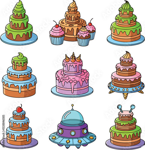  A diverse collection of nine cartoon cakes and cupcakes, featuring various frosting colors, tiered designs, and whimsical elements, including a UFO-shaped cake.