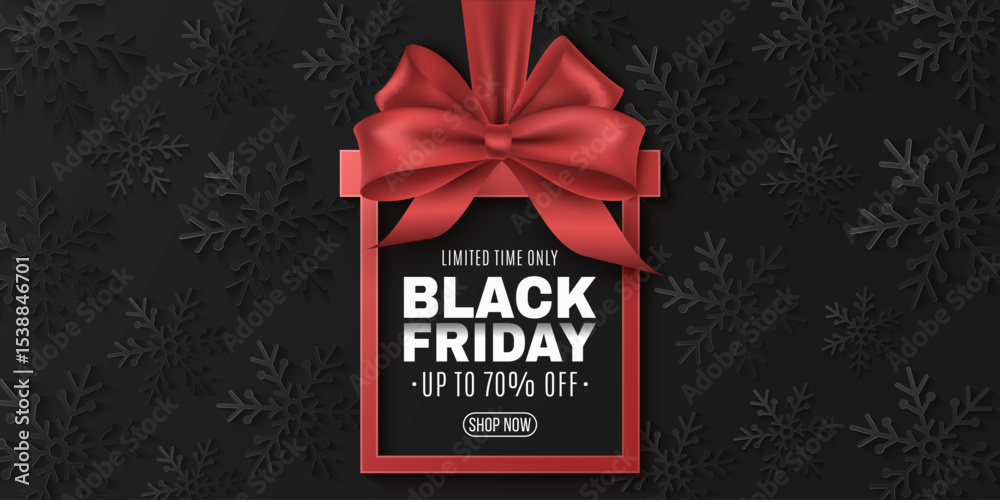 Elegant red label gift box for Black Friday sale adorned brilliant ribbon and scattered snowflakes on a dark background. Banner for holiday sales, retail marketing, and festive shopping. Vector.