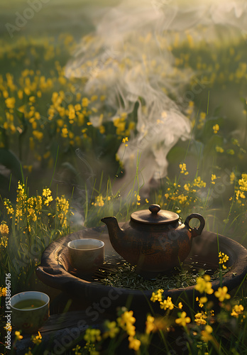 The teapot and tea sets beside the field	