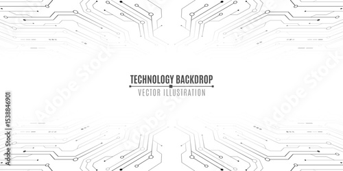 Minimalistic futuristic background featuring abstract circuit lines and electronics elements on white backdrop. Digital hi-tech backdrop with electronic system. Vector illustration.