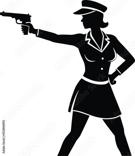 Confident female cop standing upright and armed in full body view
