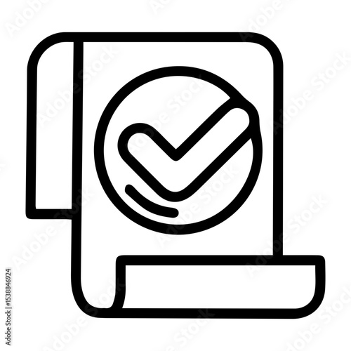 Outline style image depicts a document scroll with a large checkmark, signifying a completed, approved, verified document. Related to form submission success, agreement signing, record validation