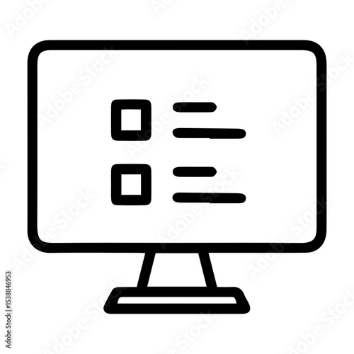 Outline style image depicts a desktop computer monitor displaying two square checkboxes and horizontal lines, denoting an interactive digital form or a list awaiting input. Related to software
