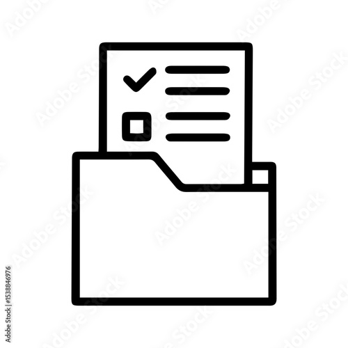 Outline style image depicts a document partly emerging from a folder, with the visible part showing a list featuring one checked item and one empty, denoting organized files, confirmed digital record