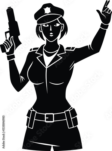 Confident female police officer aiming with dual guns in combat stance