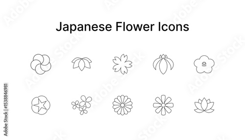 Japanese Flower Icons Set, Line Art Set of 10 Symbols, Minimal Japanese Motifs, Vector