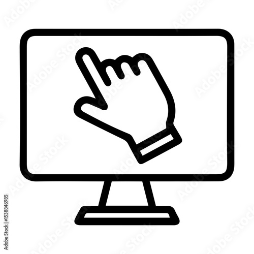 Outline style image depicts a desktop computer monitor with a hand-shaped cursor pointing upwards on its screen, symbolizing user interaction, selection, or a call to action on a digital display