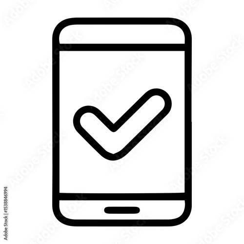 Outline style image depicts a smartphone with a large checkmark centrally shown on its screen, denoting a successful verification, approval, completion on a mobile device. Related to mobile security
