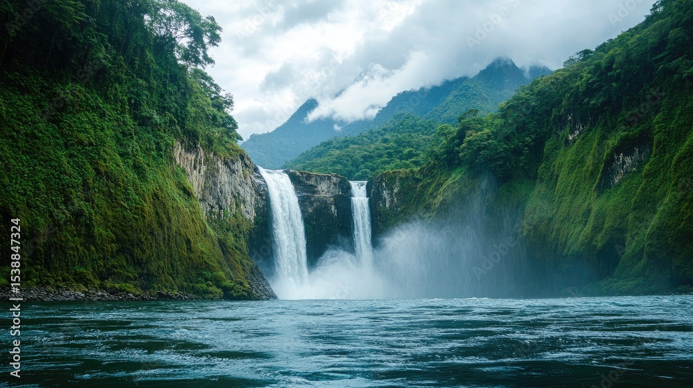 Fototapeta premium Majestic Waterfall Cascading Into Clear Blue Lake Surrounded By Lush Green Forest Under Overcast Sky