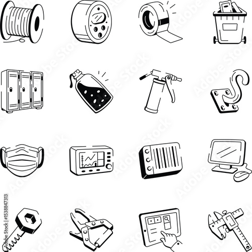 Collection of Doodle Style Manufacturing Icons 

