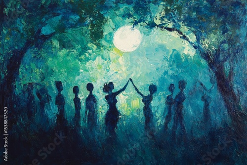 Silhouetted figures dance under a full moon in a forest painting.