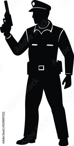 Armed male police officer standing straight in uniform with pistol