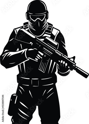 Masked SWAT soldier holding assault rifle in aggressive battle stance