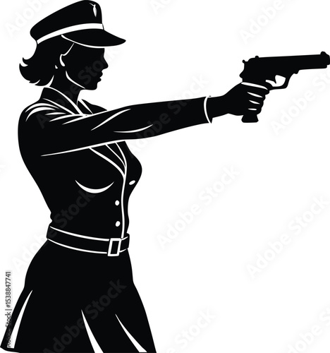 Tough female police officer aiming handgun in defensive stance