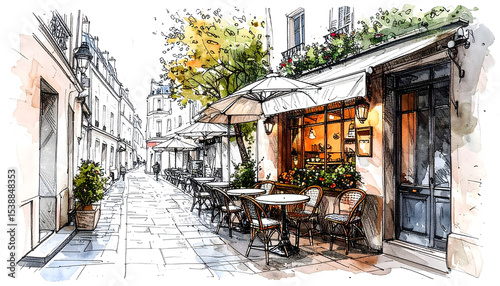 Fototapeta Naklejka Na Ścianę i Meble -  Charming Parisian Street Scene Watercolor Cafe Illustration