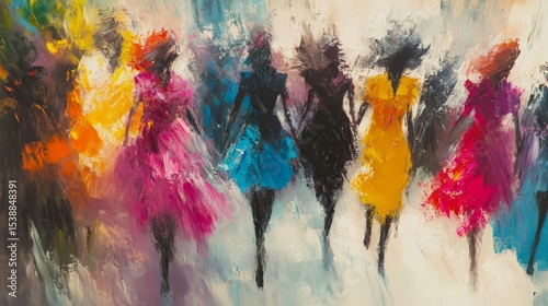 Five figures in colorful dresses stand against a vibrant abstract background.