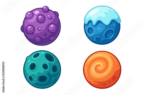 Colorful cartoon planets with various textures and surface patterns in a playful design style