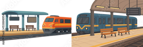 Colorful train station with vibrant trains and benches during a bright day