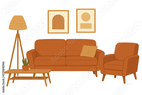 Modern living room with warm tones featuring couch, armchair, decorative lamp, and minimalist art on the wall