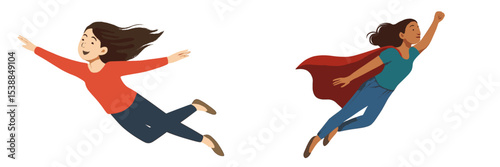 Young girl in playful flight wearing a red cape and a cheerful expression, demonstrating imagination and joy