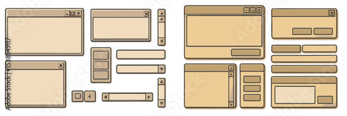 User interface design elements including buttons, frames, and controls in a minimalist style for digital projects