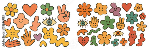 Colorful and playful doodles of flowers, shapes, and smiling faces in a cheerful design