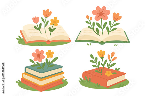 Colorful open books with flowers blooming from pages in a whimsical illustration of nature and literature