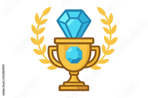 Stylized trophy with a blue diamond and laurel leaves representing achievement and success at a competition
