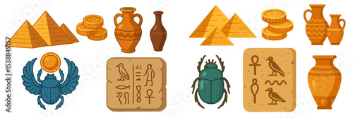Exploration of ancient Egyptian symbols, artifacts, and architecture showcasing pyramids and hieroglyphs