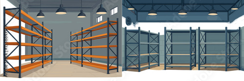 Empty shelving units in a modern storage room with overhead lighting and a spacious design during the day