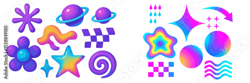 Colorful abstract shapes and designs in vibrant hues displayed on a white background showcasing a playful artistic style