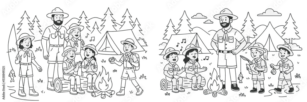 Naklejka premium Kids enjoy camping activities with songs around a campfire in a forest