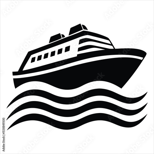 Steamship vector illustration with black silhouette boat sailing on wavy ocean for travel and maritime concept