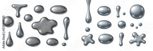Various shapes and sizes of silver metallic blobs on a white background showcasing creativity and design elements