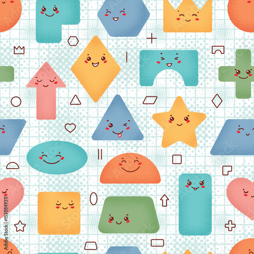 Colorful Cute Geometric Shapes Vector Seamless Pattern. Baby Background with Variety Happy Kawaii Characters. Fun Educational Design for Preschool, Back to School, Kids Learning.  