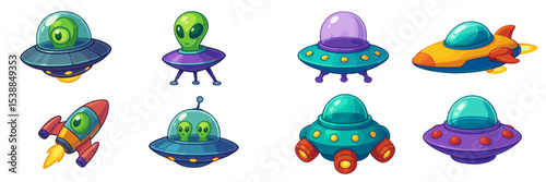 Colorful cartoon UFOs and aliens exploring outer space in a whimsical illustration with various spaceship designs and characters