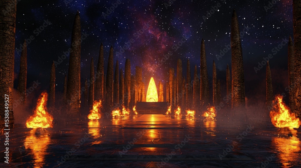 Naklejka premium Dark, mystical temple with fiery altars under a starry sky.