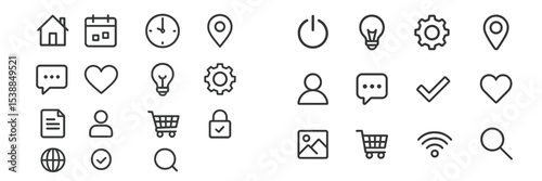 Set of simple and clear icons representing various modern activities and concepts for digital interface design and user experience
