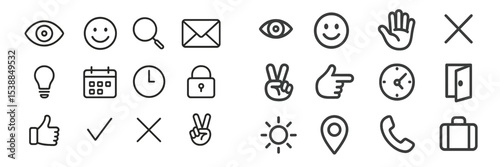 Collection of simple icons representing various concepts like communication, time management, and positivity in a minimalistic style