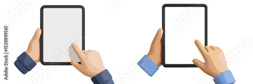 Hands interacting with a digital tablet showing blank screens in a minimalistic design