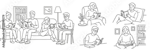 Group of friends enjoying reading time at home with cozy atmosphere in living room and comfortable chairs