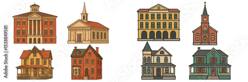 Various architectural styles of buildings including educational, religious, and residential designs