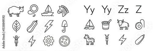 Collection of simple line icons representing various objects and concepts in a playful format for educational use