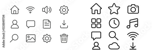 Collection of simple black and white icons representing various digital activities and functions for user interface design