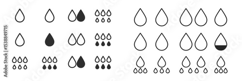 Diverse water droplet icons displayed in various sizes and styles on a plain background for design purposes